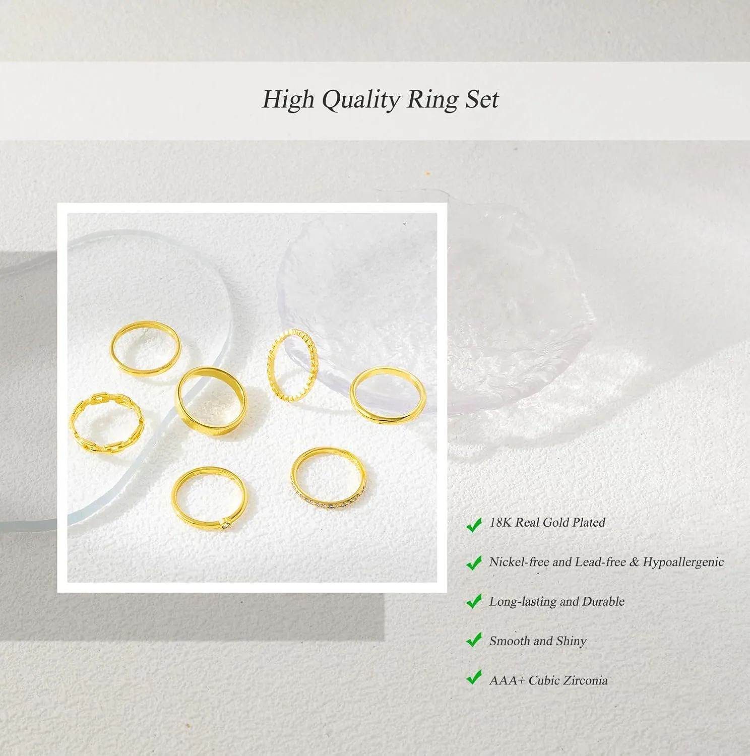 Chinovi 7Pcs Stackable Gold Rings for Women Non Tarnish Trendy Dainty 18K Gold Plated Stacking Cubic Zirconia Ring Set Pack Statement Band Rings Size 5-10