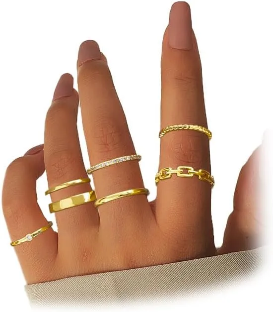Chinovi 7Pcs Stackable Gold Rings for Women Non Tarnish Trendy Dainty 18K Gold Plated Stacking Cubic Zirconia Ring Set Pack Statement Band Rings Size 5-10