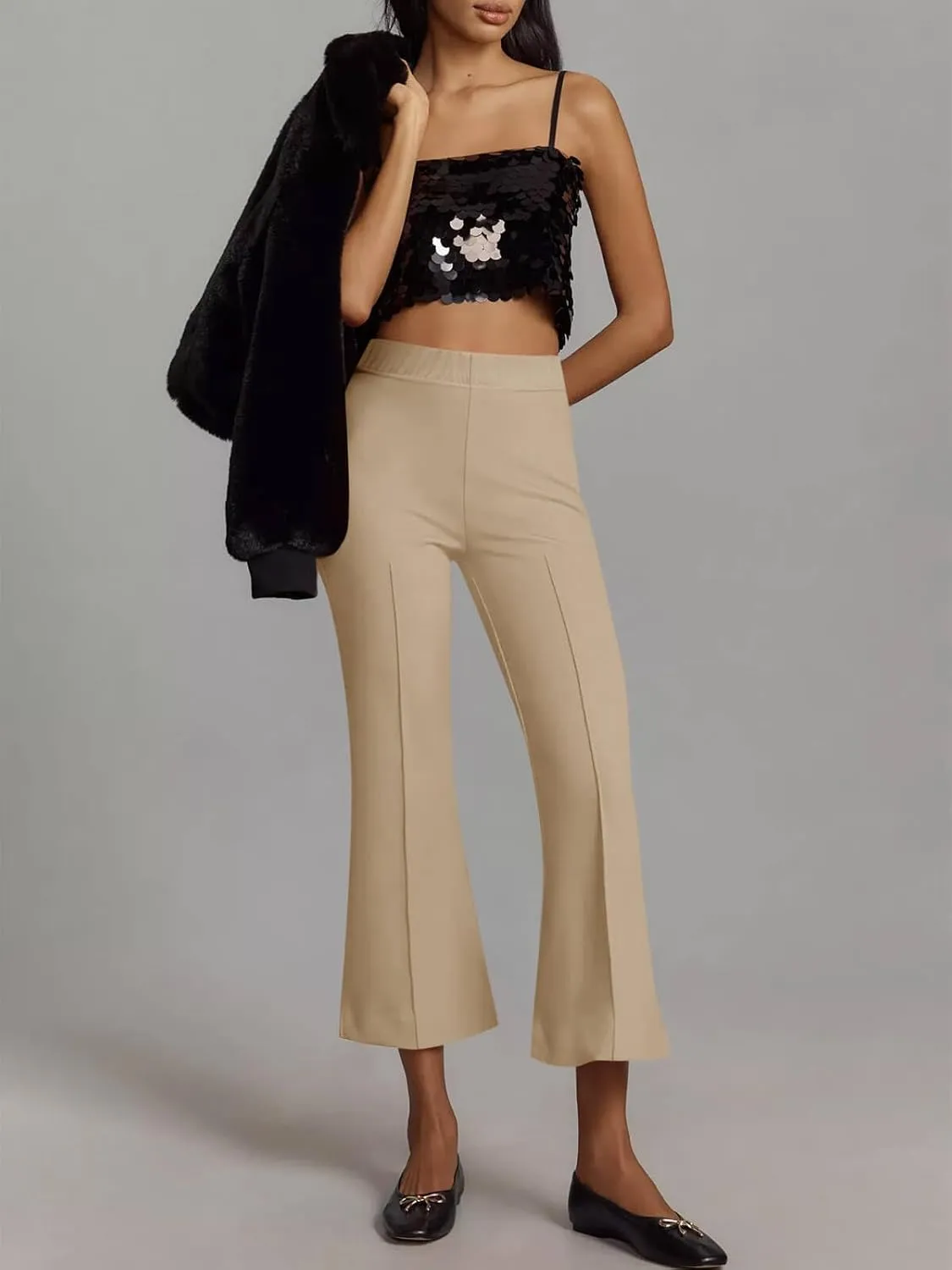 Cicy Bell Womens Flare Capri Pants Elastic High Waisted Cropped Dress Pants Trousers Stretchy Work Slacks