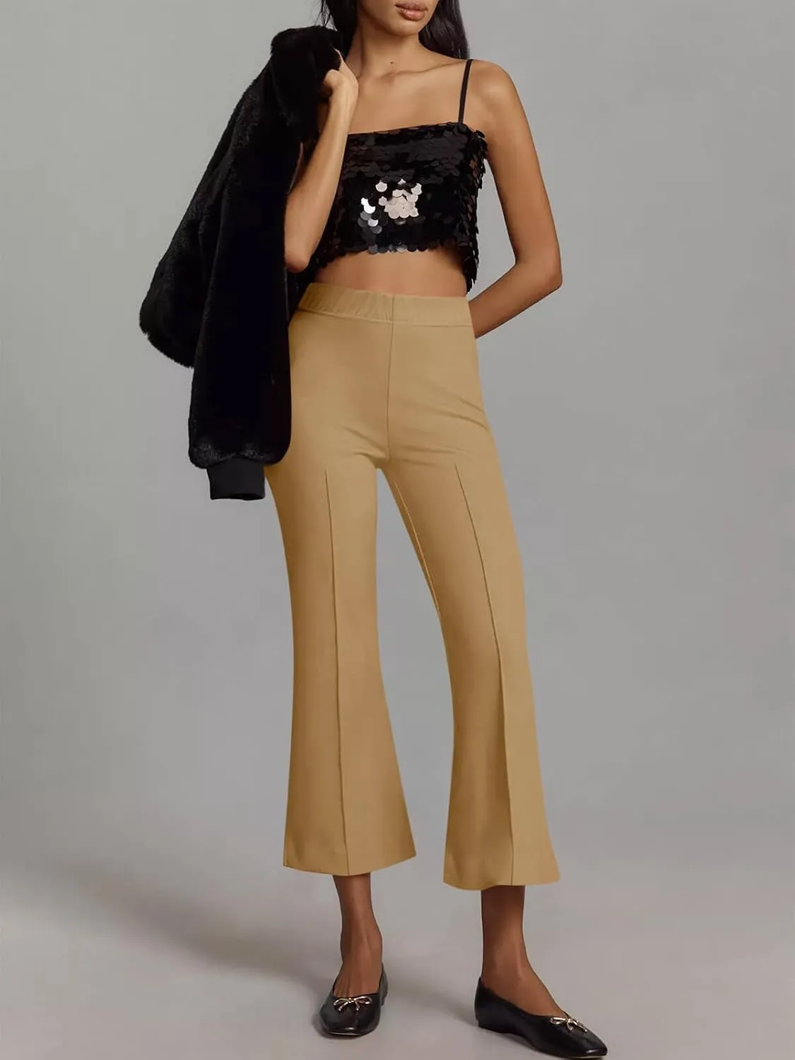 Cicy Bell Womens Flare Capri Pants Elastic High Waisted Cropped Dress Pants Trousers Stretchy Work Slacks