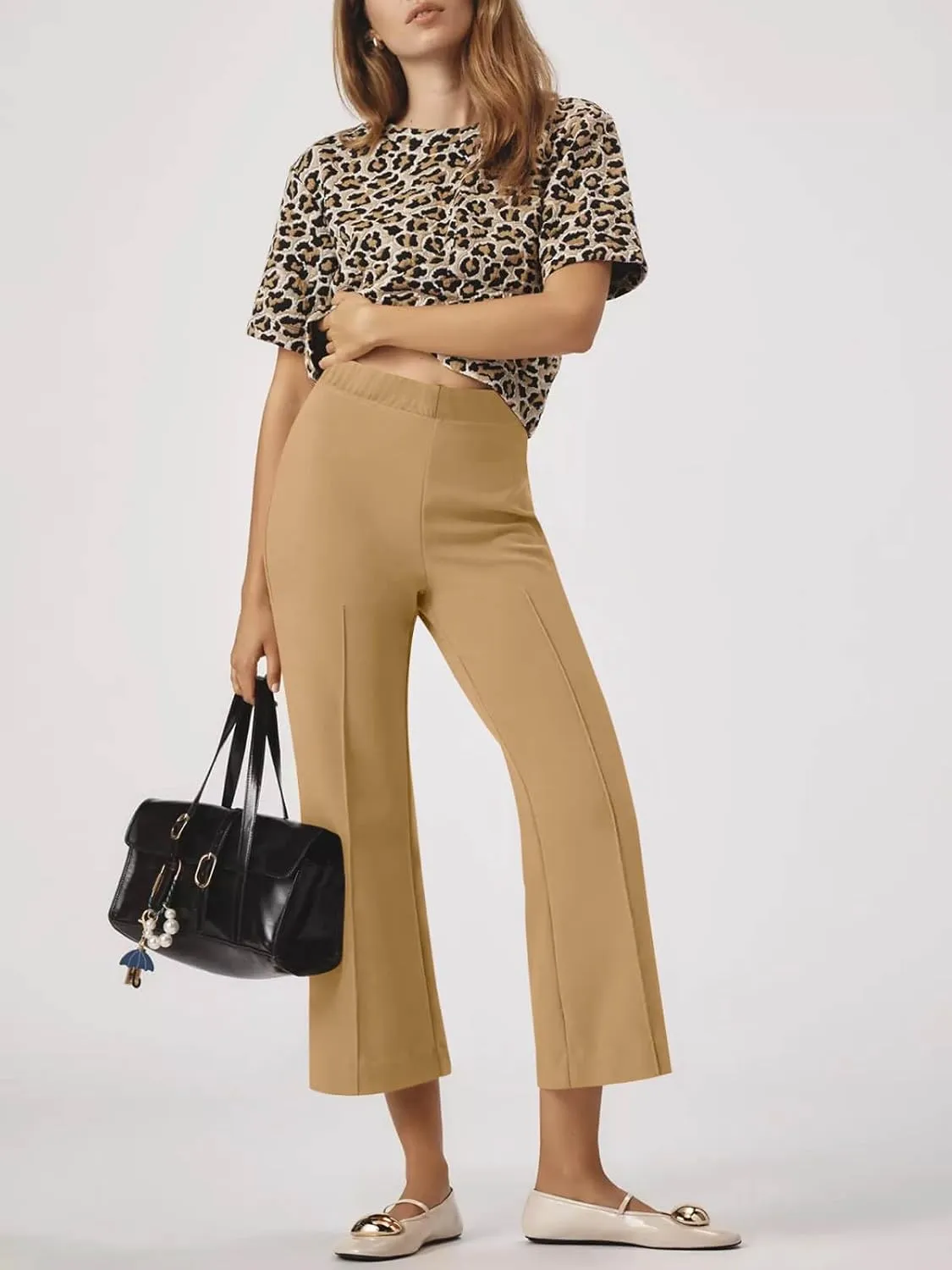 Cicy Bell Womens Flare Capri Pants Elastic High Waisted Cropped Dress Pants Trousers Stretchy Work Slacks