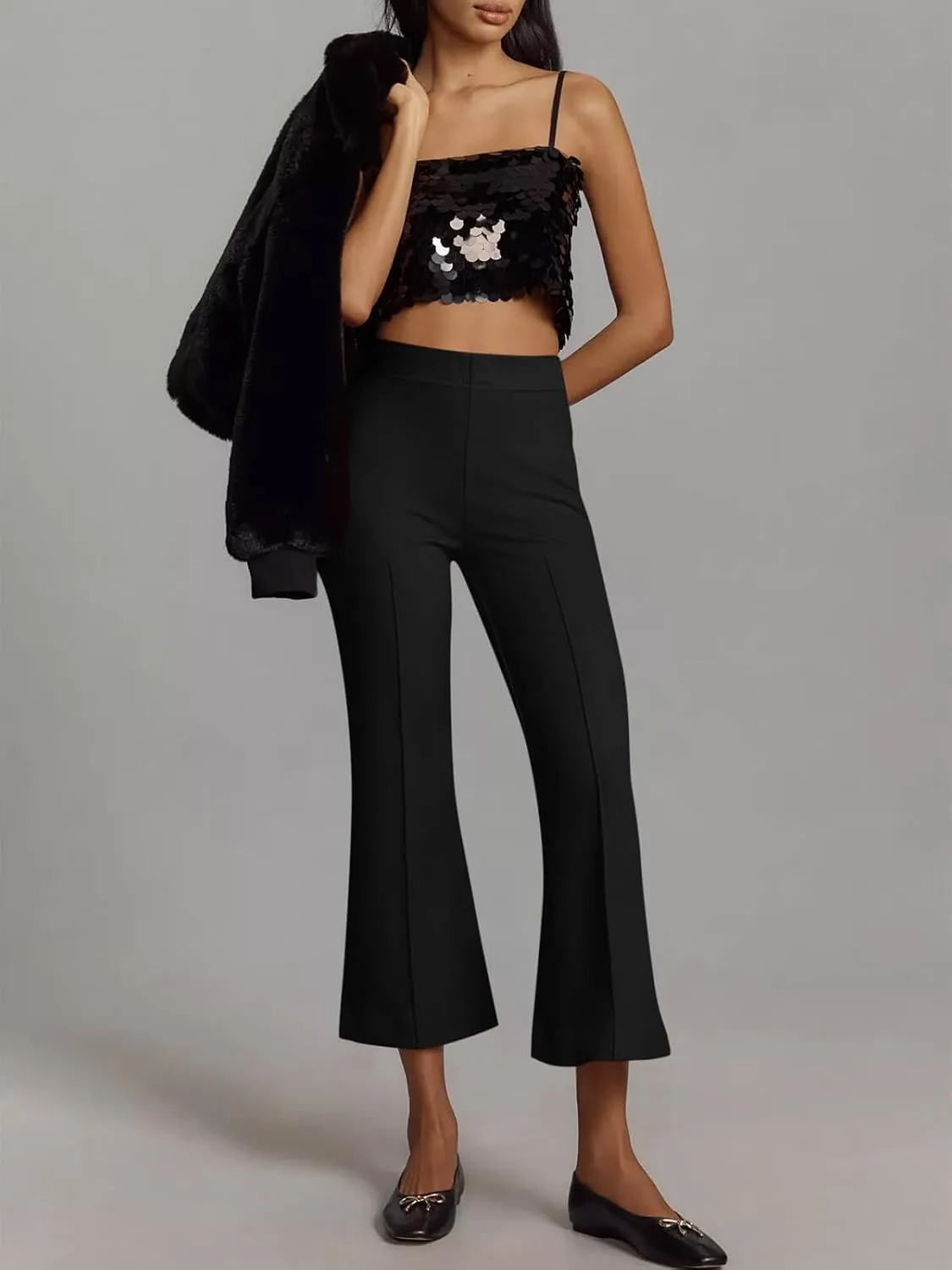 Cicy Bell Womens Flare Capri Pants Elastic High Waisted Cropped Dress Pants Trousers Stretchy Work Slacks
