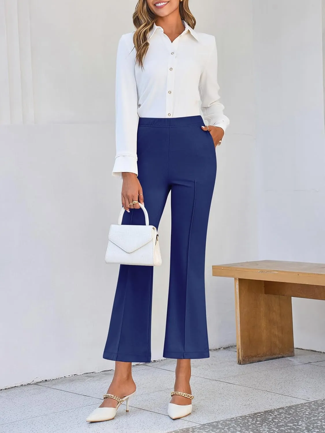 Cicy Bell Womens Flare Capri Pants Elastic High Waisted Cropped Dress Pants Trousers Stretchy Work Slacks