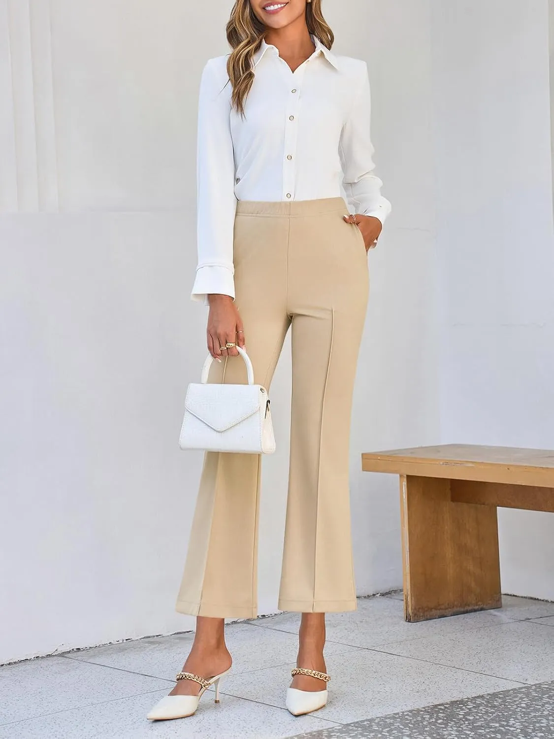 Cicy Bell Womens Flare Capri Pants Elastic High Waisted Cropped Dress Pants Trousers Stretchy Work Slacks