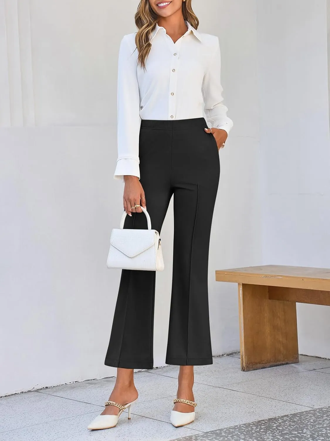 Cicy Bell Womens Flare Capri Pants Elastic High Waisted Cropped Dress Pants Trousers Stretchy Work Slacks