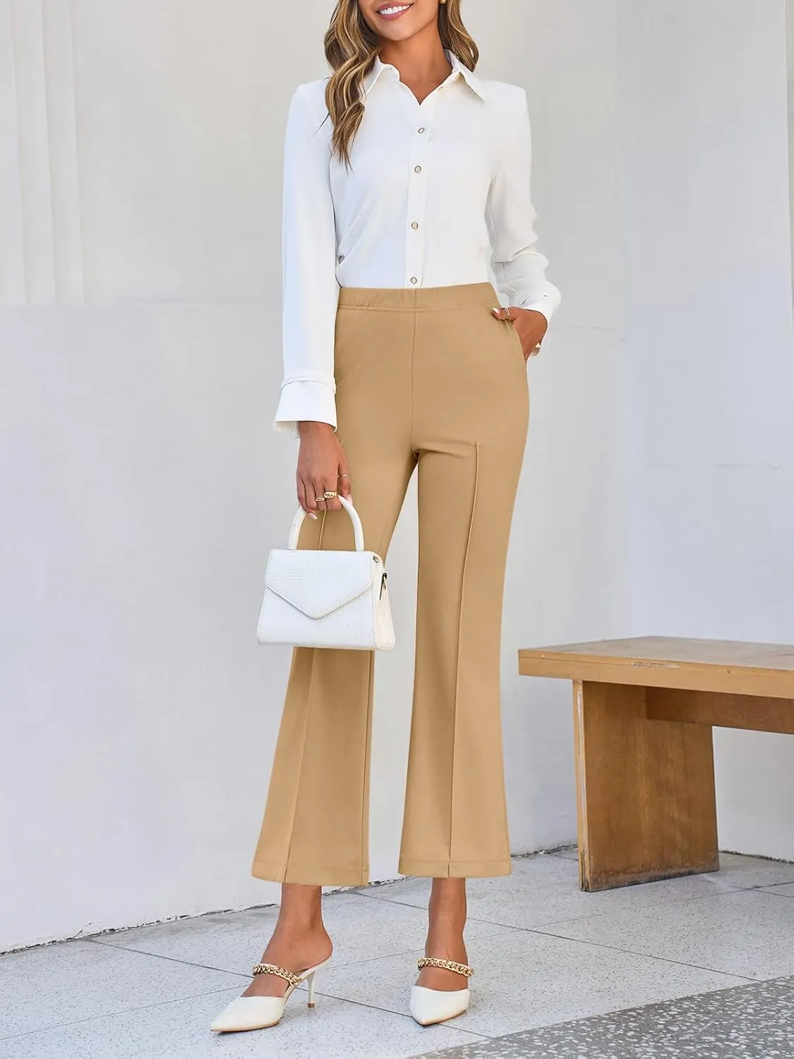 Cicy Bell Womens Flare Capri Pants Elastic High Waisted Cropped Dress Pants Trousers Stretchy Work Slacks