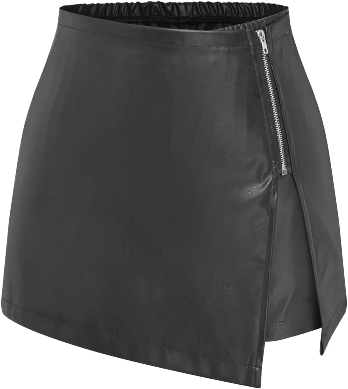 CIDER Faux Leather Middle Waist Solid Zipper Skort