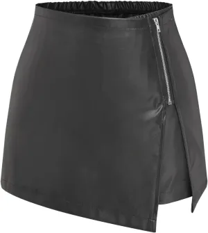 CIDER Faux Leather Middle Waist Solid Zipper Skort