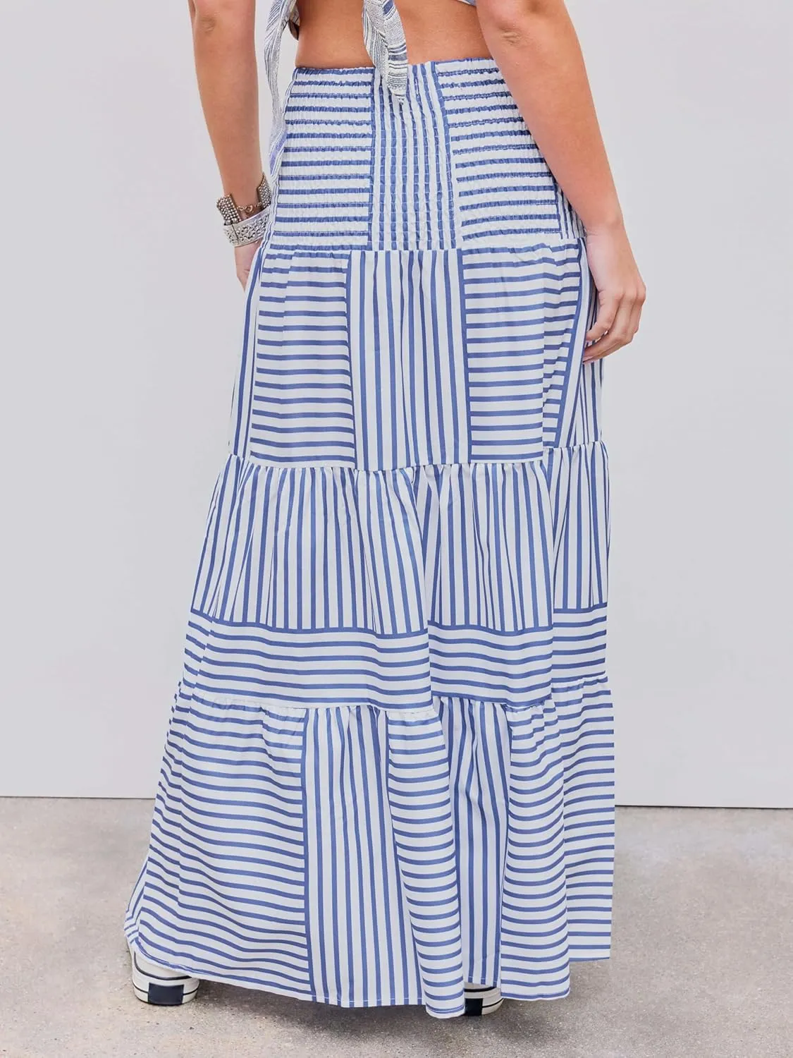 CIDER Santorini Beach Vacation Two Way High Rise Striped Shirred Maxi Skirt