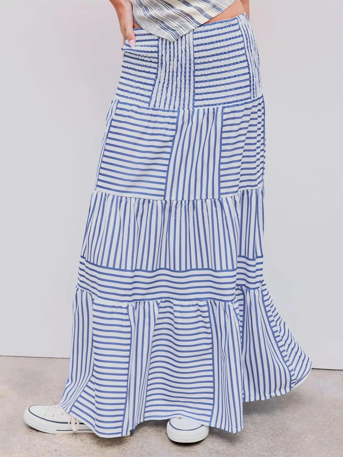 CIDER Santorini Beach Vacation Two Way High Rise Striped Shirred Maxi Skirt