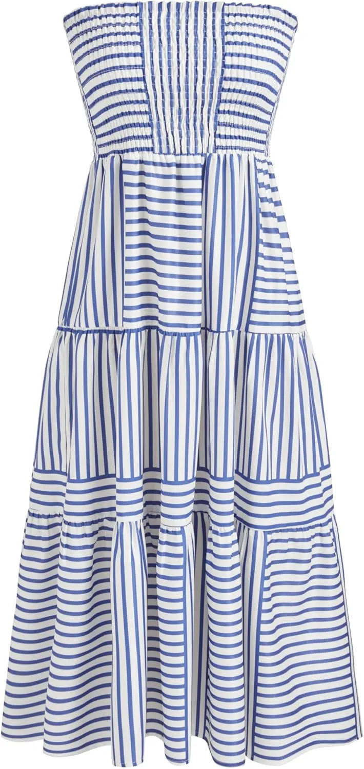 CIDER Santorini Beach Vacation Two Way High Rise Striped Shirred Maxi Skirt