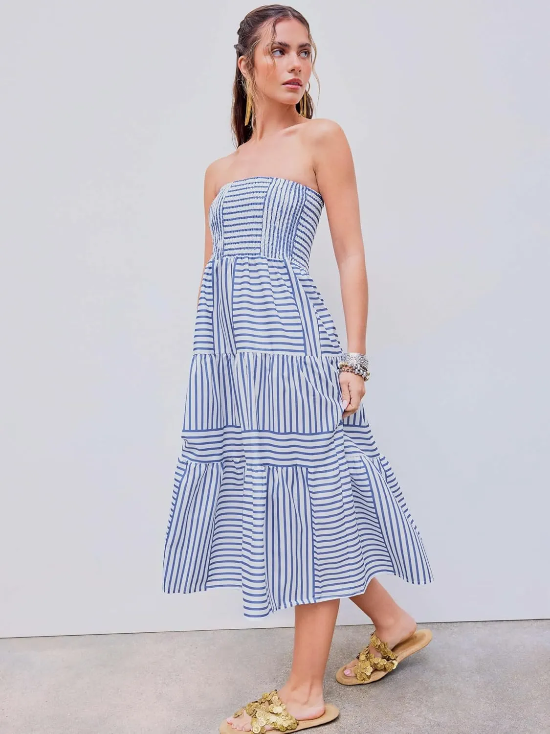 CIDER Santorini Beach Vacation Two Way High Rise Striped Shirred Maxi Skirt