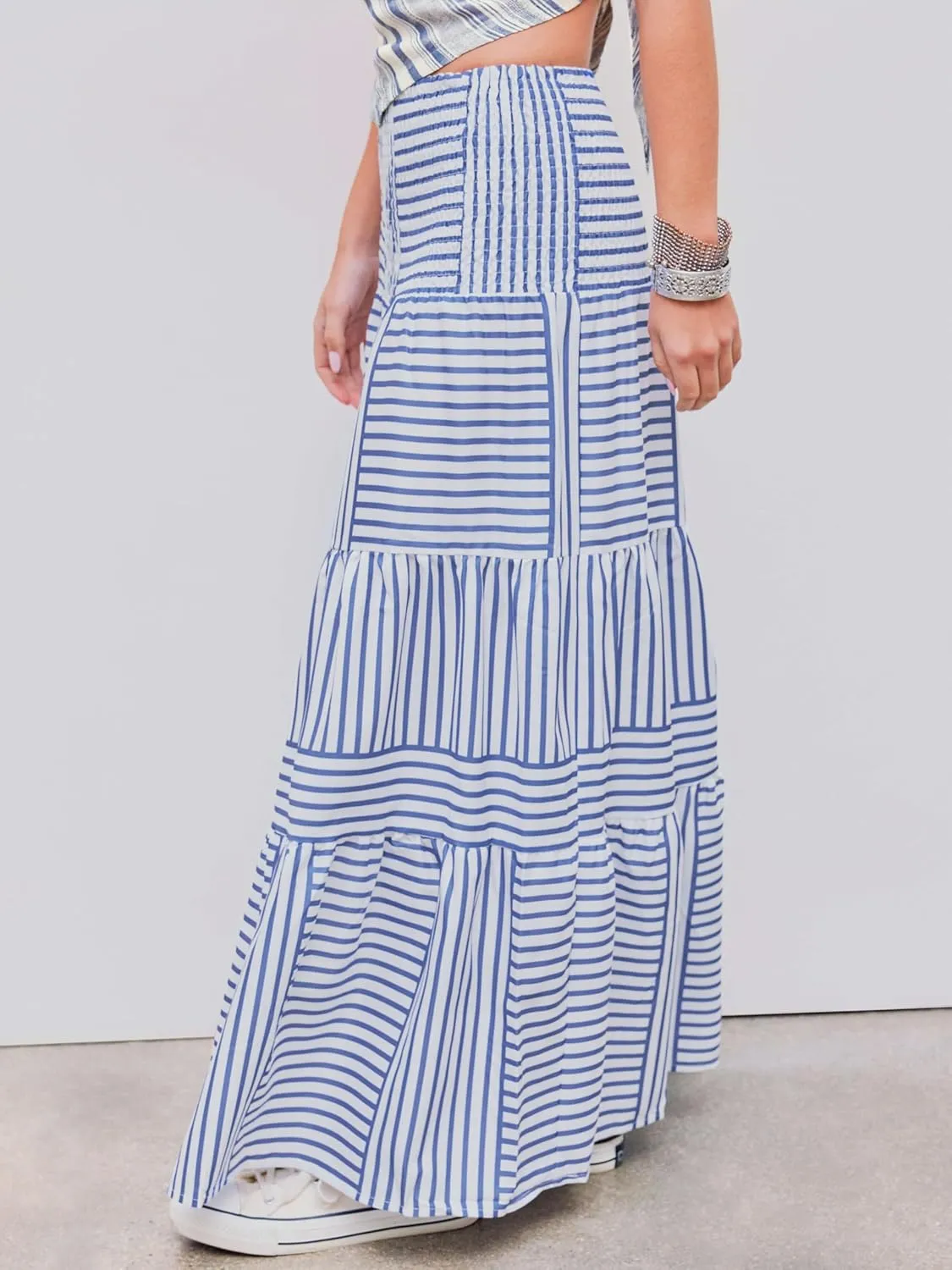 CIDER Santorini Beach Vacation Two Way High Rise Striped Shirred Maxi Skirt