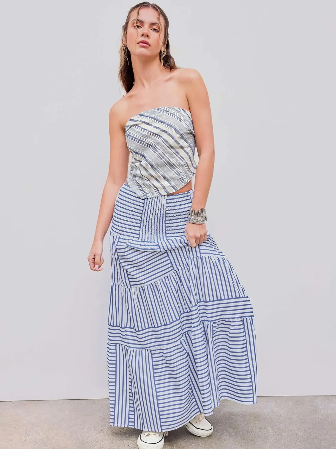 CIDER Santorini Beach Vacation Two Way High Rise Striped Shirred Maxi Skirt