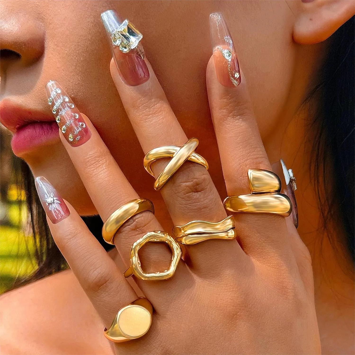 CJIAYUJEW Gold Stackable Rings Dainty Open Rings Set for Women Chunky Gold 6Pcs Stacking Ring Adjustable Knuckle Ring Finger Jewelry