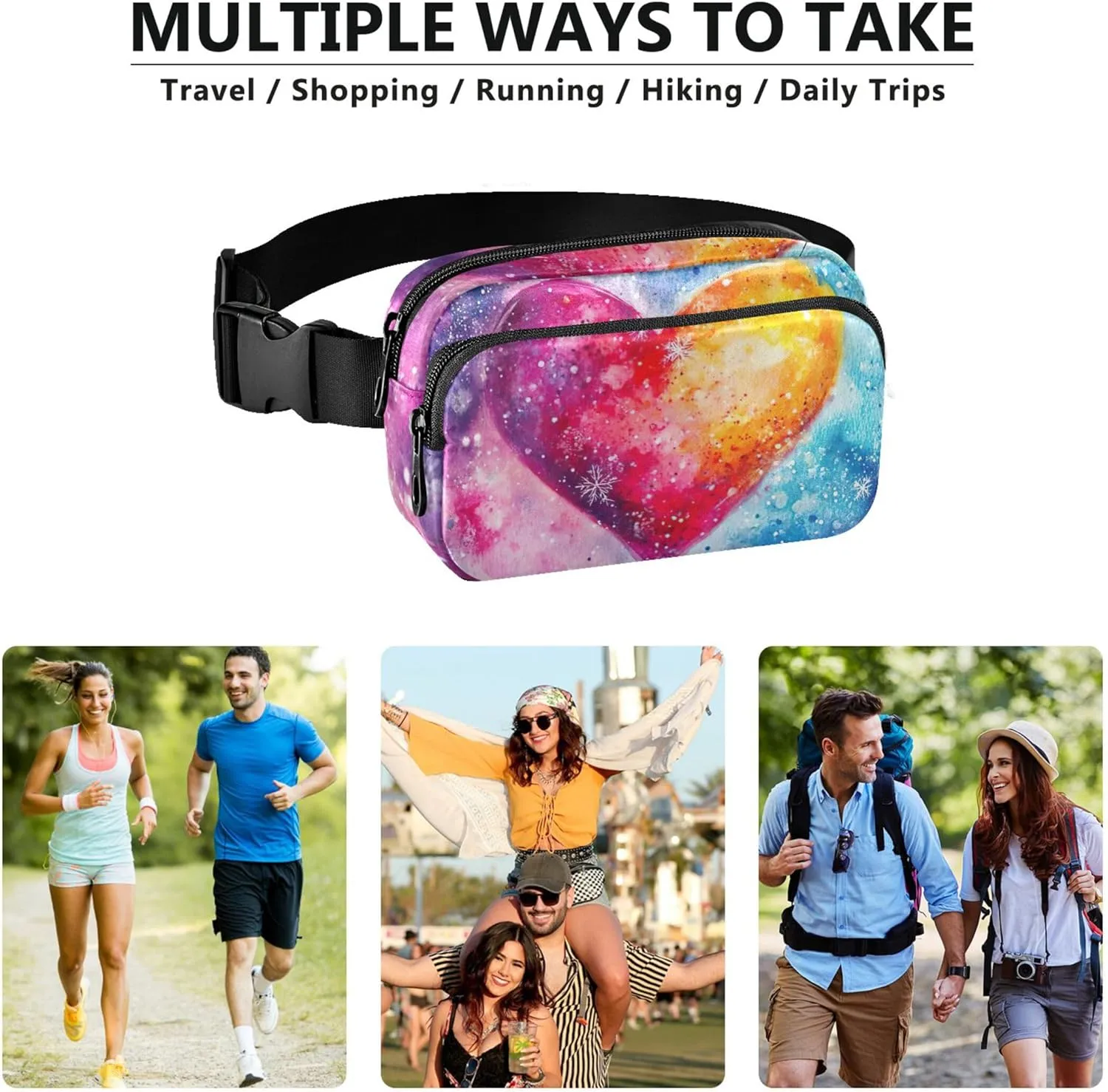 Colorful Cosmic Heart Print Fanny Packs for Women Hip Bag Belt Purse Waterproof Designer Travel Waist Pouch
