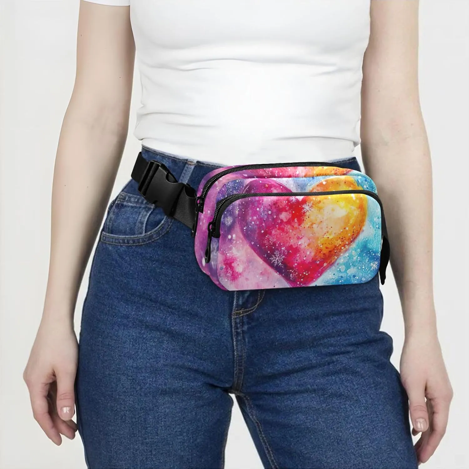 Colorful Cosmic Heart Print Fanny Packs for Women Hip Bag Belt Purse Waterproof Designer Travel Waist Pouch