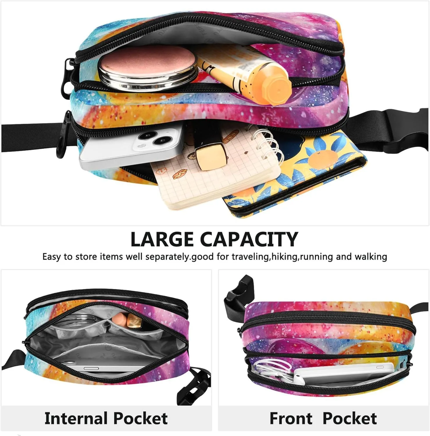 Colorful Cosmic Heart Print Fanny Packs for Women Hip Bag Belt Purse Waterproof Designer Travel Waist Pouch