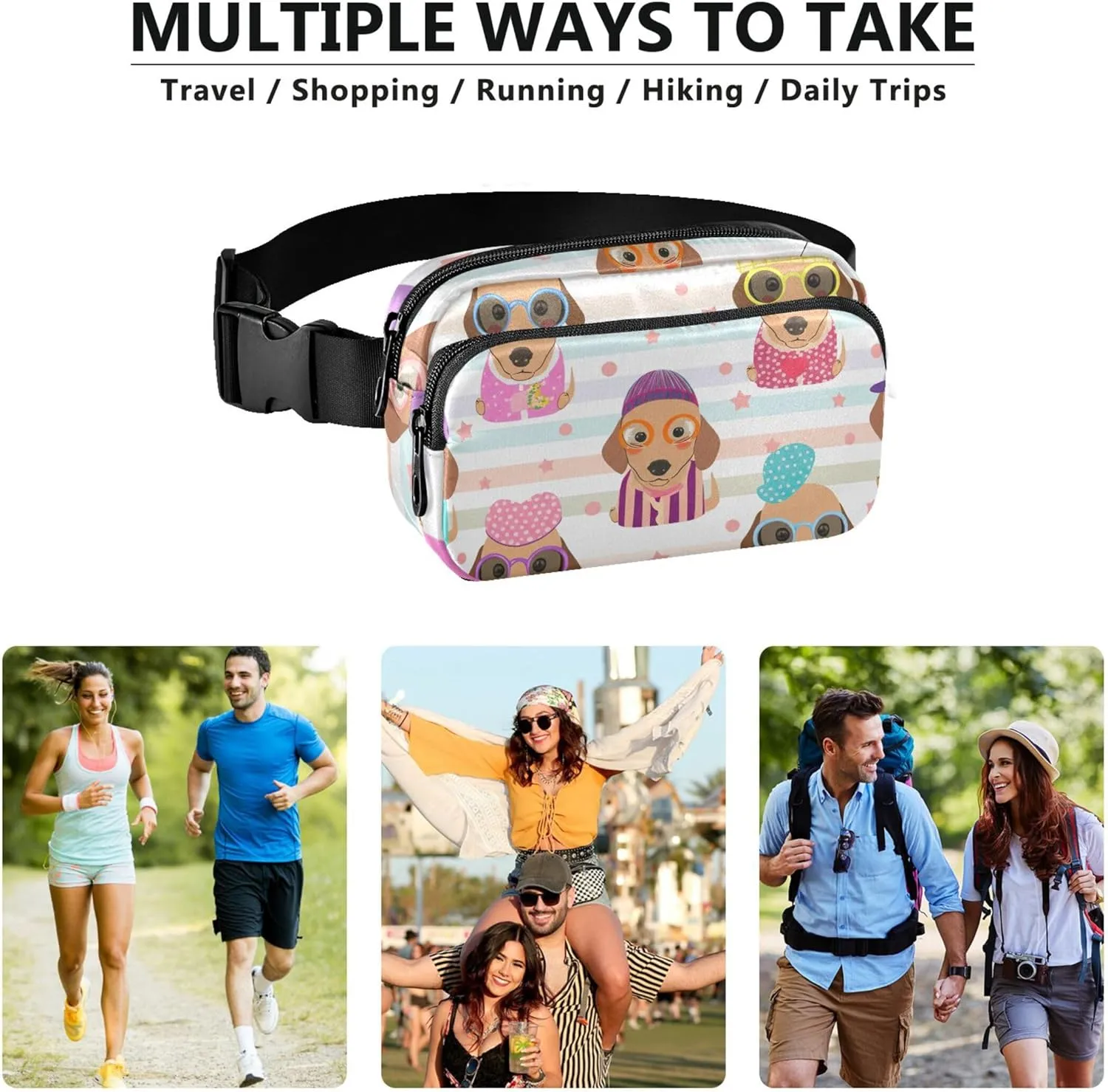 Colorful Cute Dachshund Dogs Fanny Packs for Women Hip Bag Belt Purse Waterproof Funky Cross Body Waist Pack