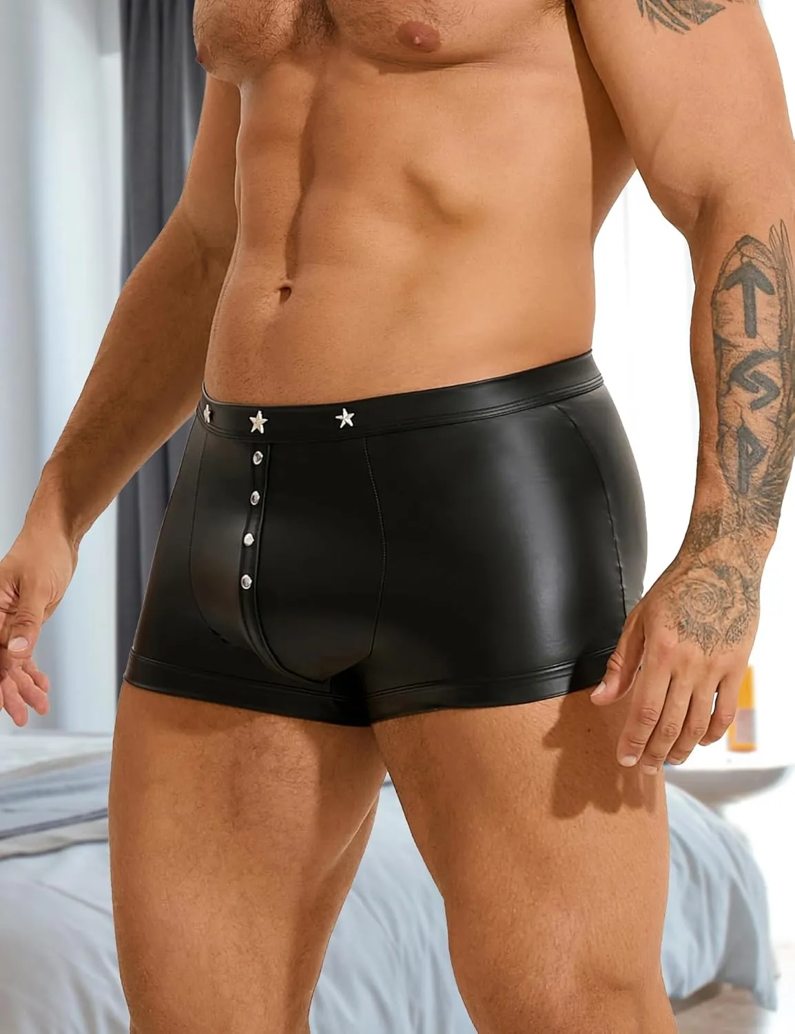 comeondear Men's Faux Leather Boxer Shorts with Punk Rivet Plus Size Briefs Black Sexy Underwear Panties