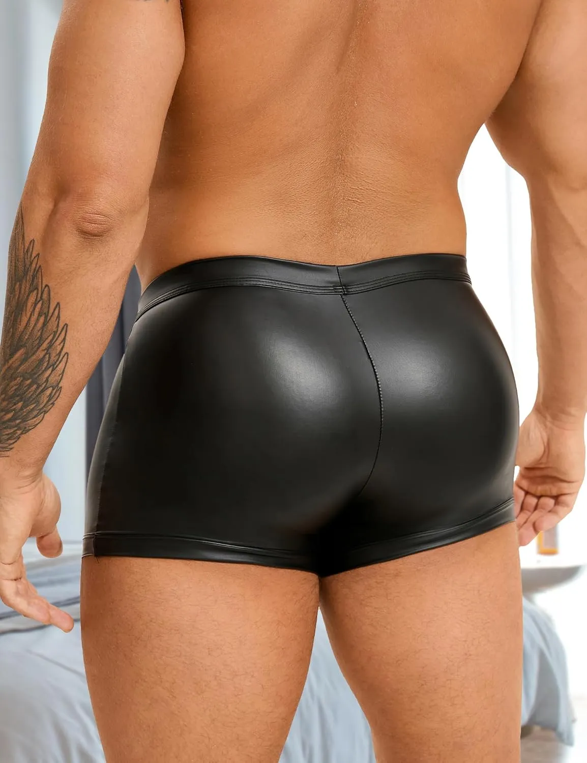 comeondear Men's Faux Leather Boxer Shorts with Punk Rivet Plus Size Briefs Black Sexy Underwear Panties