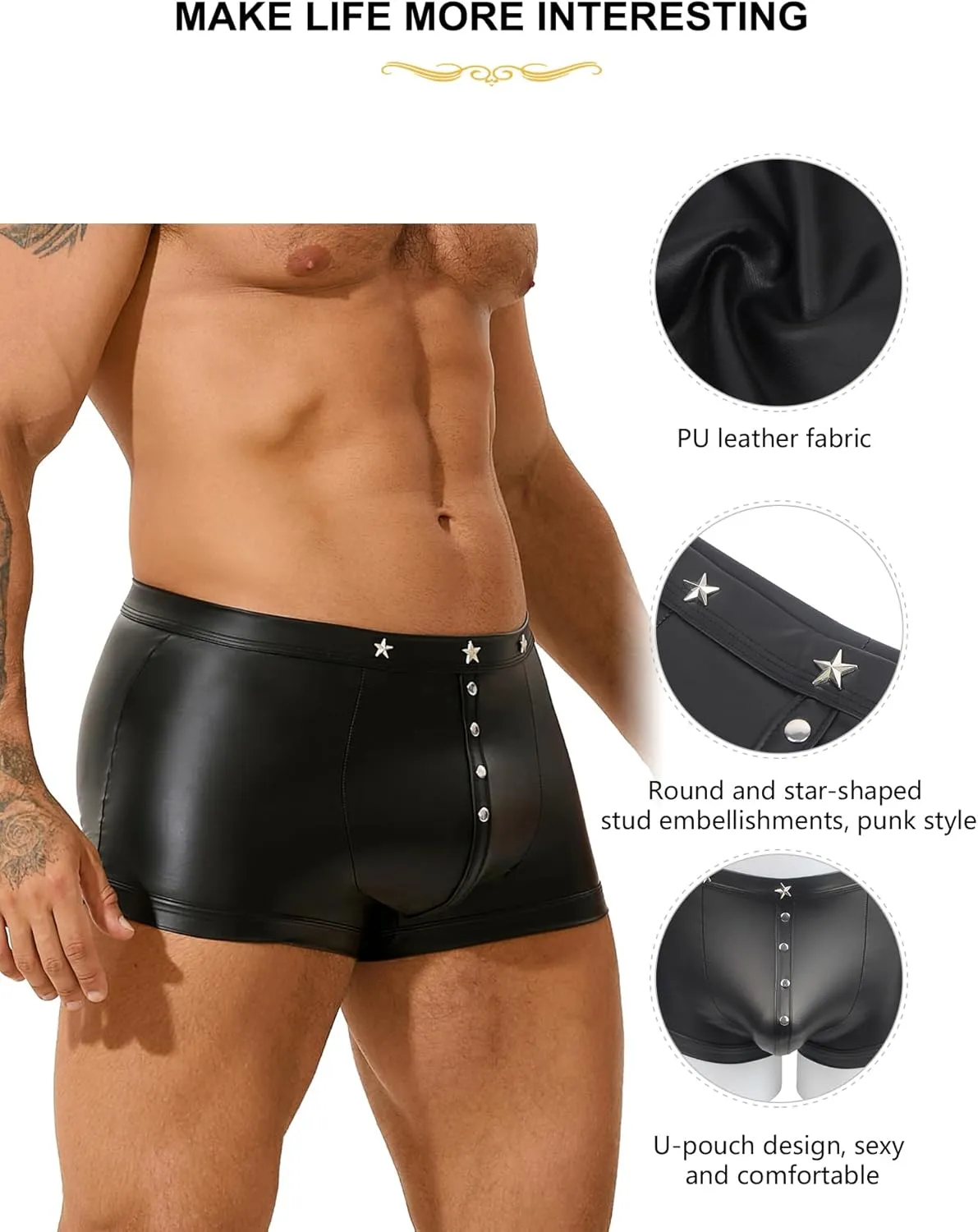 comeondear Men's Faux Leather Boxer Shorts with Punk Rivet Plus Size Briefs Black Sexy Underwear Panties