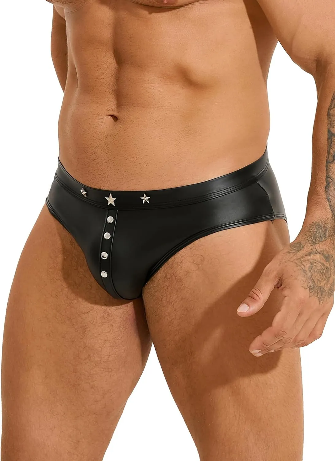 comeondear Men's Faux Leather Brief with Punk Rivet Plus Size Black Sexy Thong Underwear Low Rise Trunks Hipster