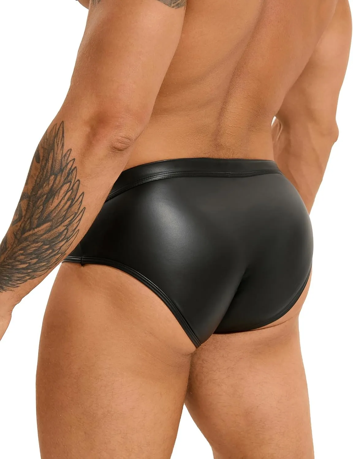 comeondear Men's Faux Leather Brief with Punk Rivet Plus Size Black Sexy Thong Underwear Low Rise Trunks Hipster