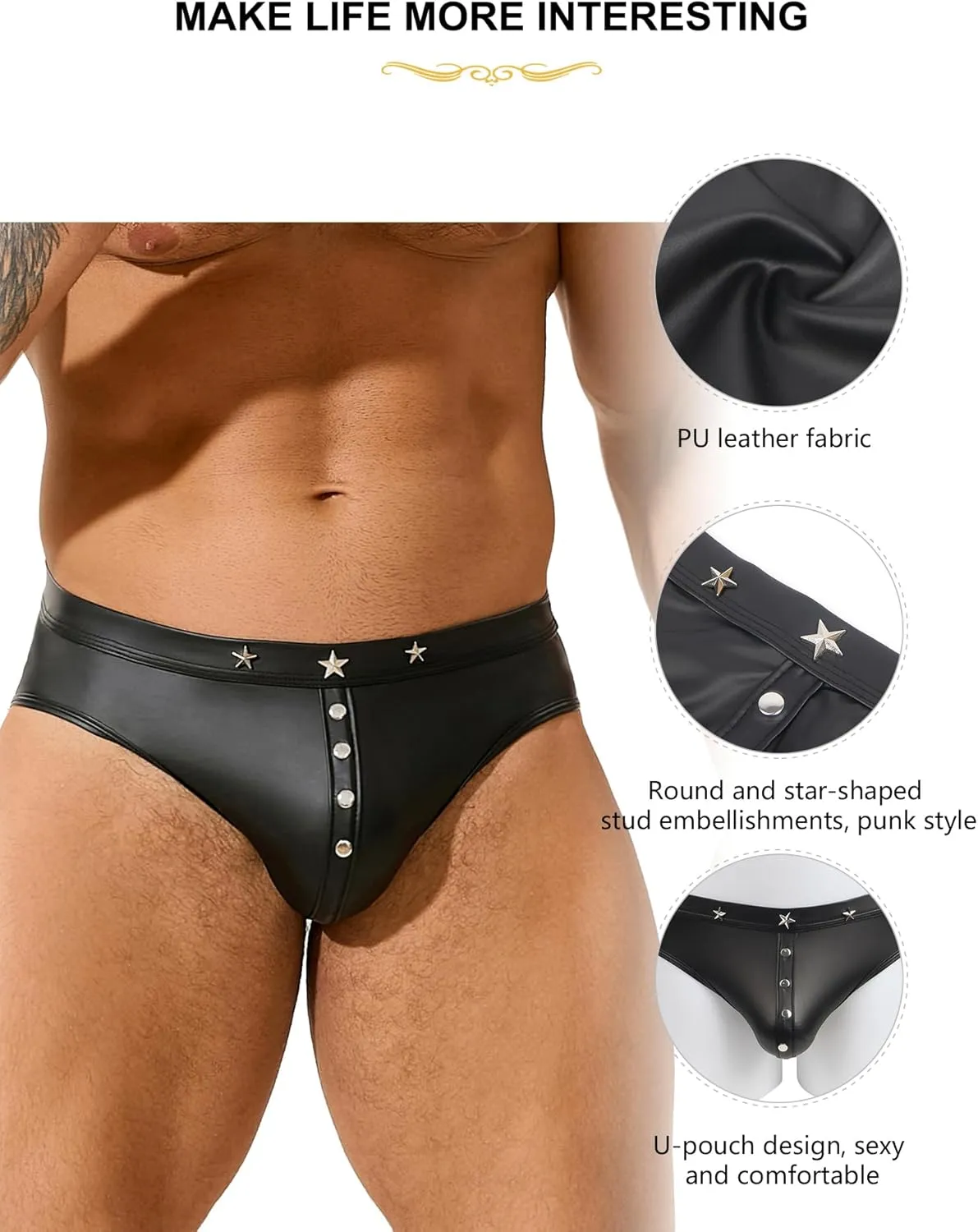 comeondear Men's Faux Leather Brief with Punk Rivet Plus Size Black Sexy Thong Underwear Low Rise Trunks Hipster