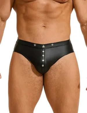 comeondear Men's Faux Leather Brief with Punk Rivet Plus Size Black Sexy Thong Underwear Low Rise Trunks Hipster