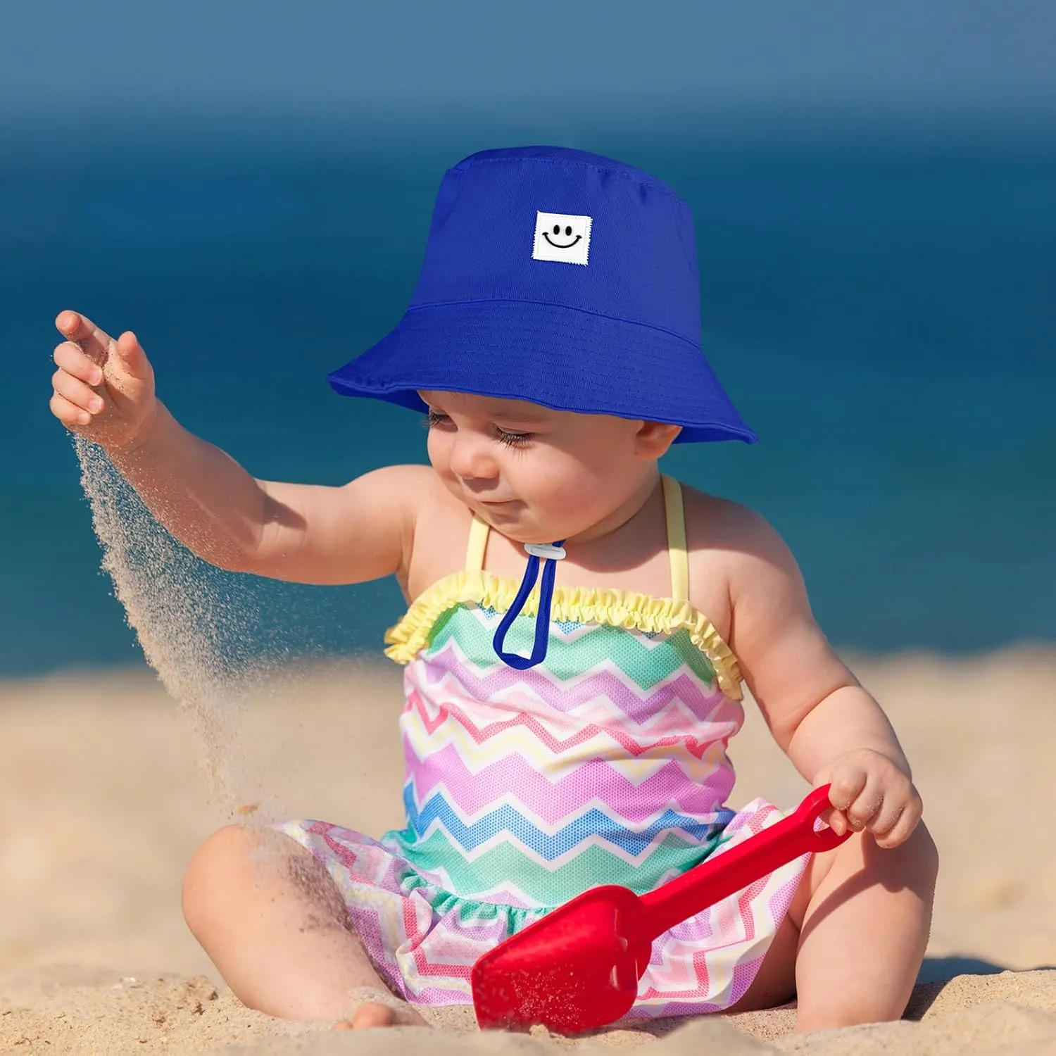 Cooraby 4 Pack Baby Sun Hat Breathable Smile Bucket Hat Toddler Sun Protective Bucket Hat Adjustable Cap for Baby Girl Boy