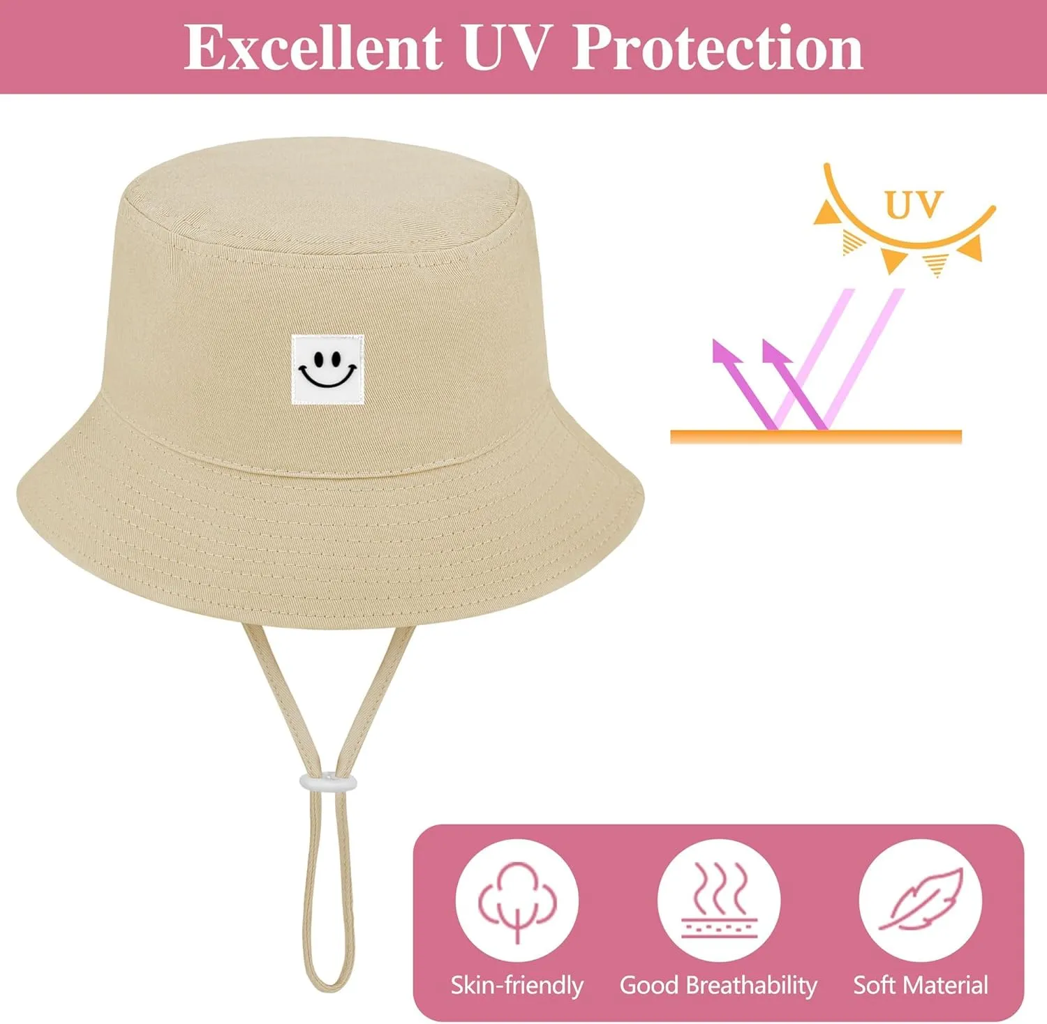 Cooraby 4 Pack Baby Sun Hat Breathable Smile Bucket Hat Toddler Sun Protective Bucket Hat Adjustable Cap for Baby Girl Boy