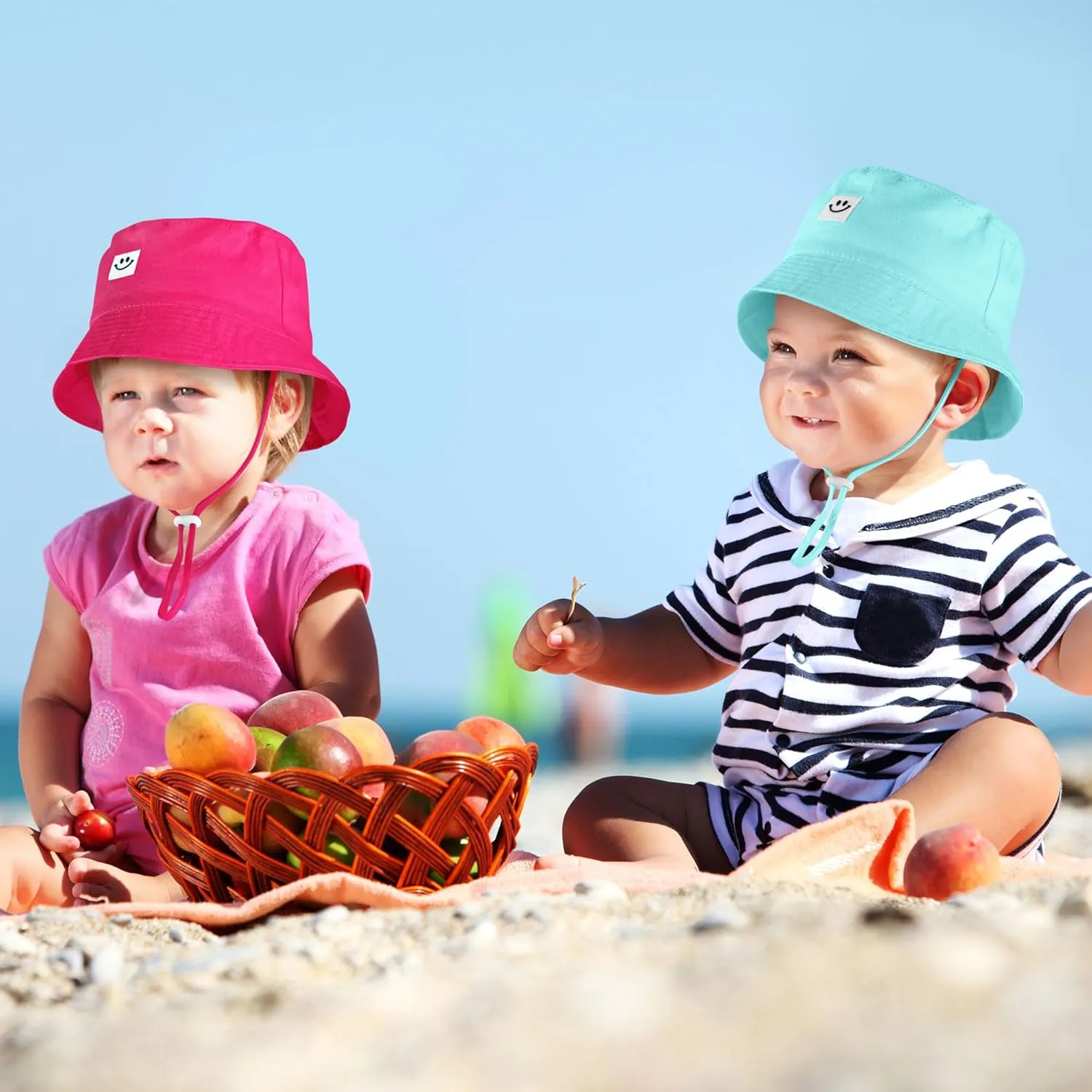 Cooraby 4 Pack Baby Sun Hat Breathable Smile Bucket Hat Toddler Sun Protective Bucket Hat Adjustable Cap for Baby Girl Boy