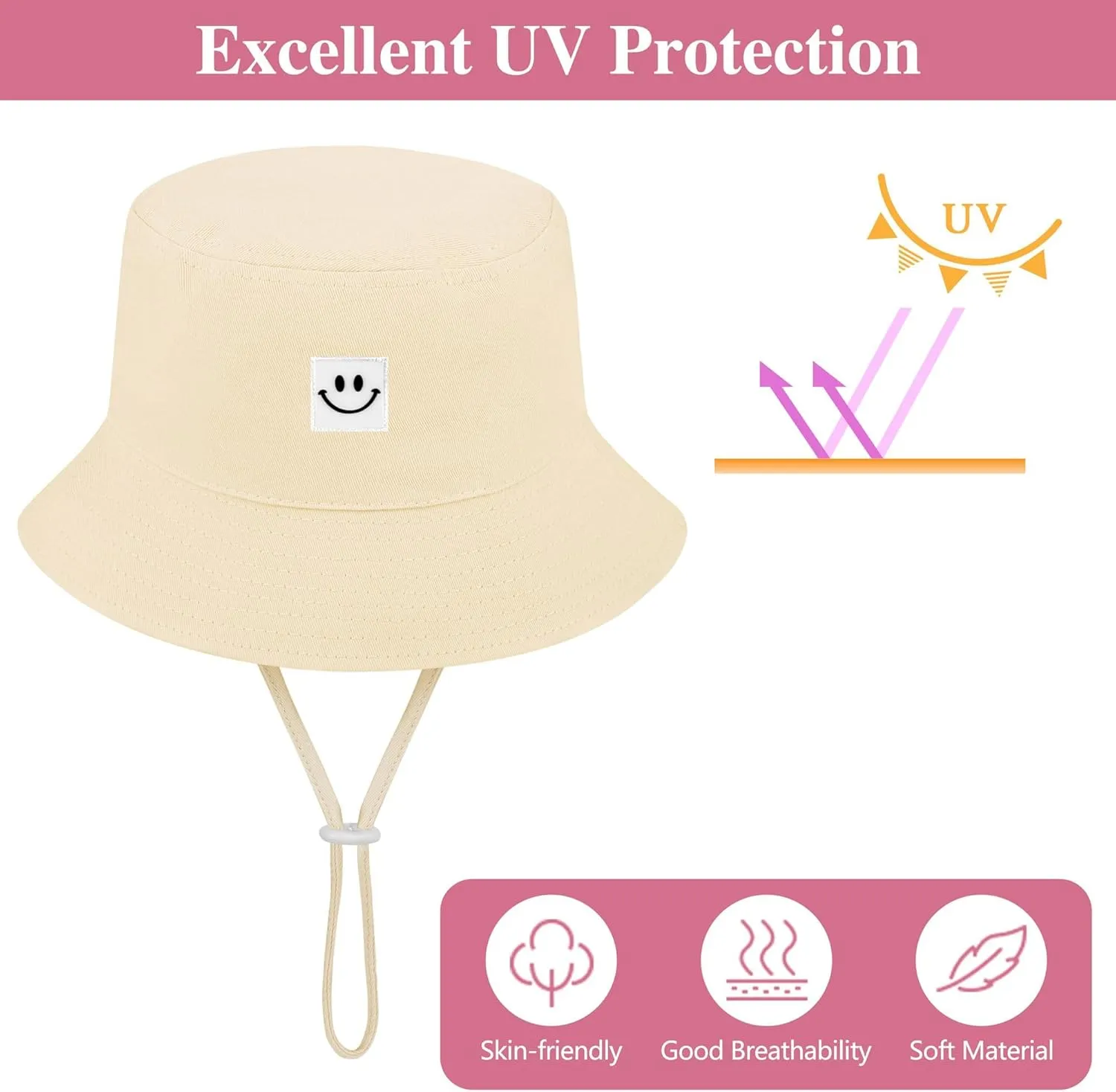 Cooraby 4 Pack Baby Sun Hat Breathable Smile Bucket Hat Toddler Sun Protective Bucket Hat Adjustable Cap for Baby Girl Boy