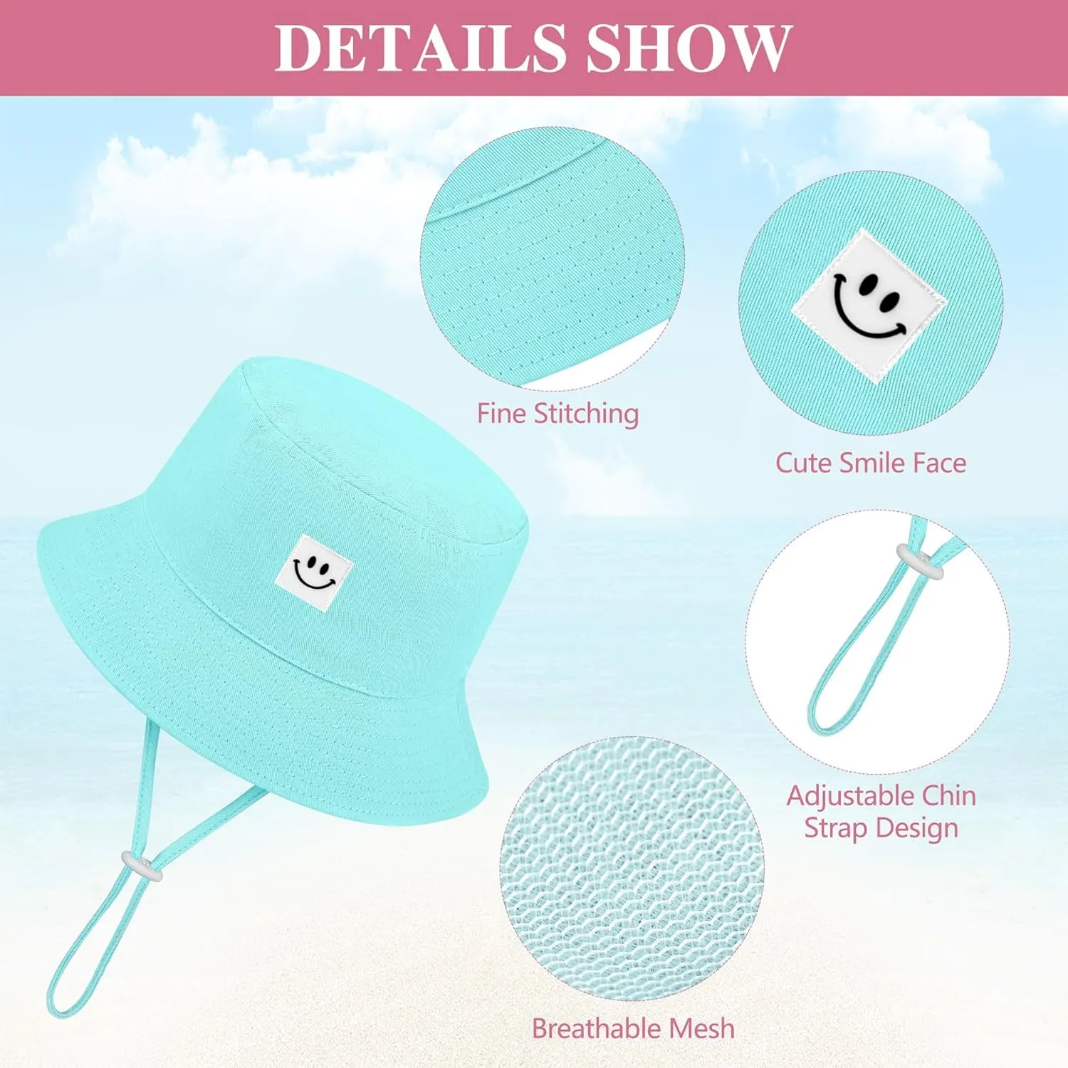 Cooraby 4 Pack Baby Sun Hat Breathable Smile Bucket Hat Toddler Sun Protective Bucket Hat Adjustable Cap for Baby Girl Boy