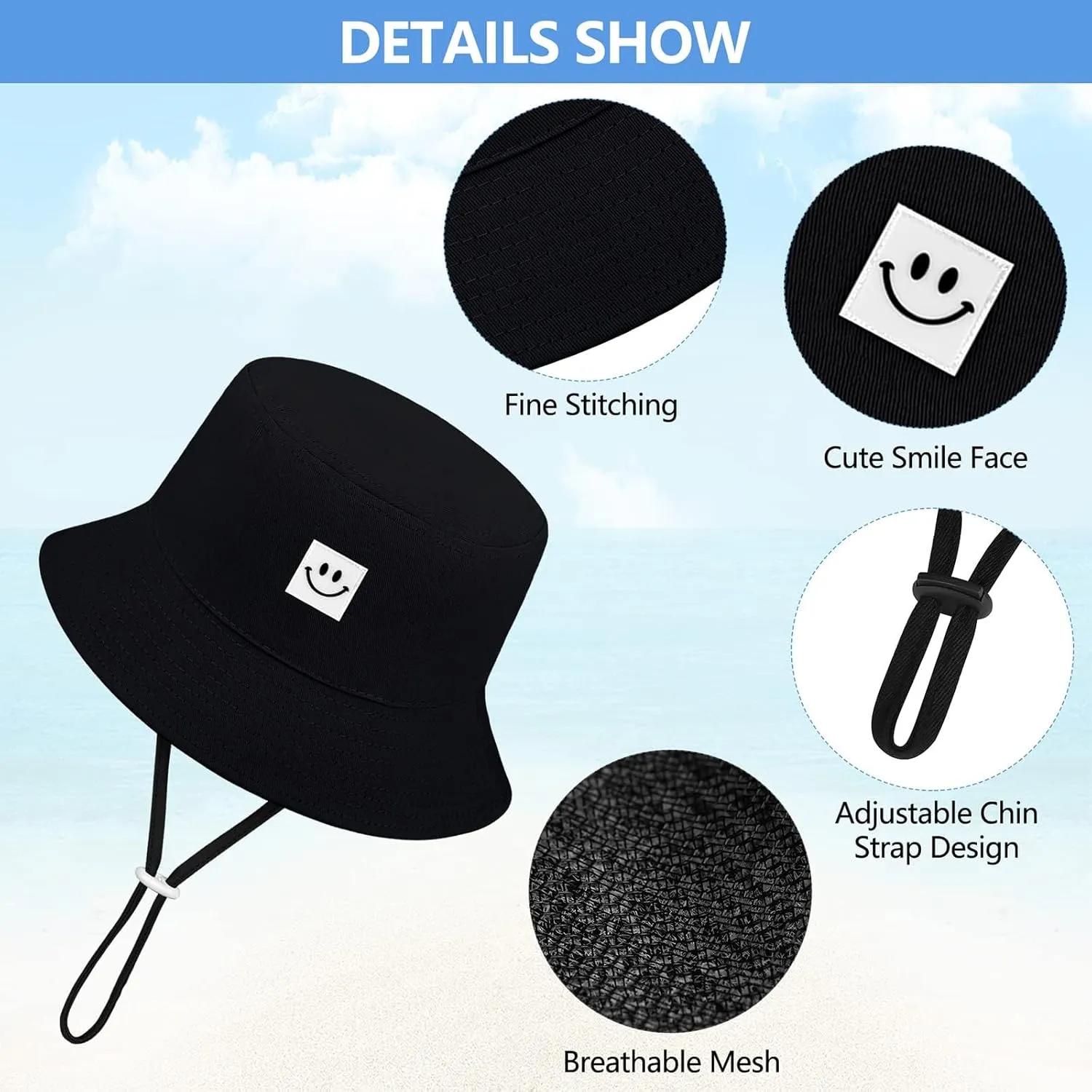 Cooraby 4 Pack Baby Sun Hat Breathable Smile Bucket Hat Toddler Sun Protective Bucket Hat Adjustable Cap for Baby Girl Boy