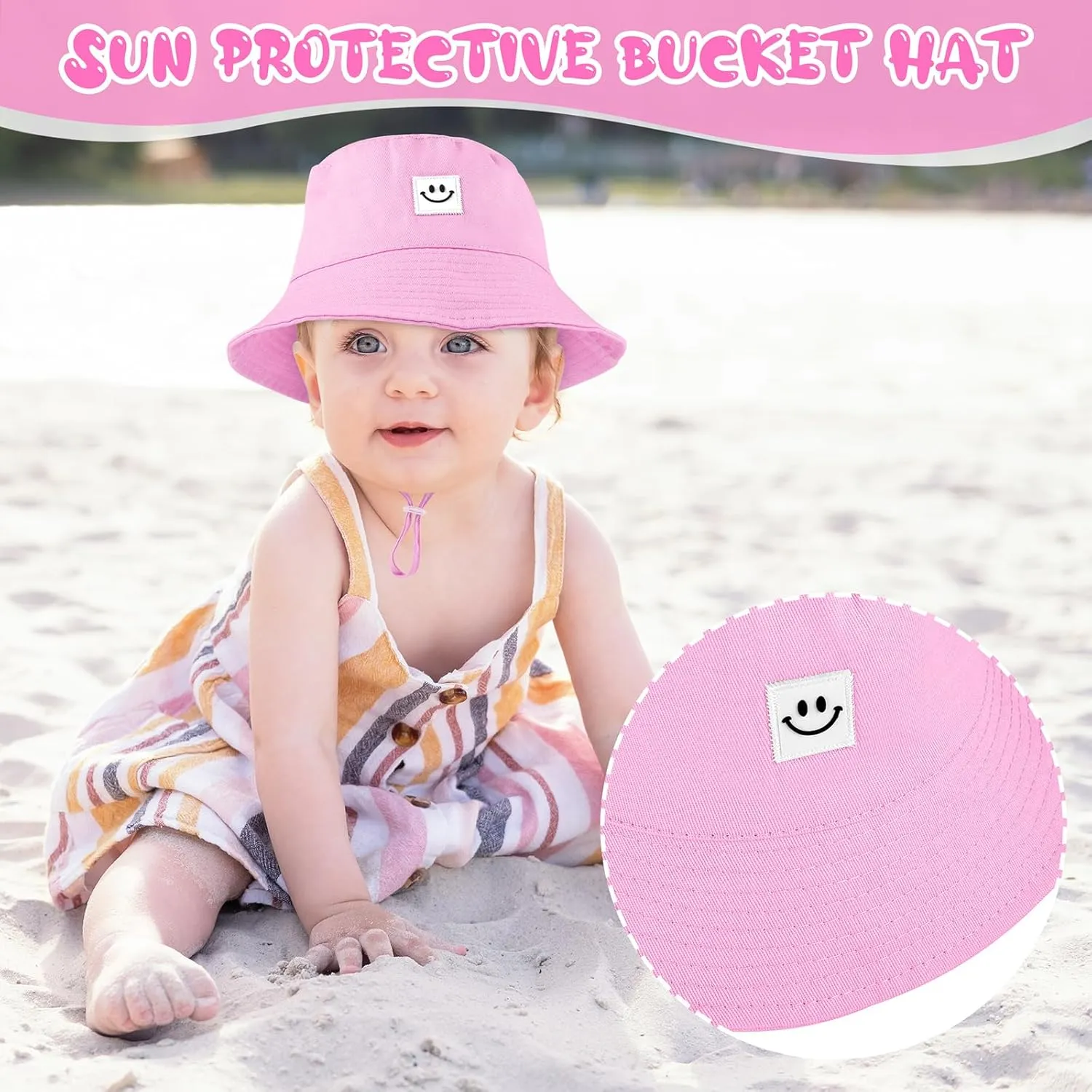 Cooraby 4 Pack Baby Sun Hat Breathable Smile Bucket Hat Toddler Sun Protective Bucket Hat Adjustable Cap for Baby Girl Boy
