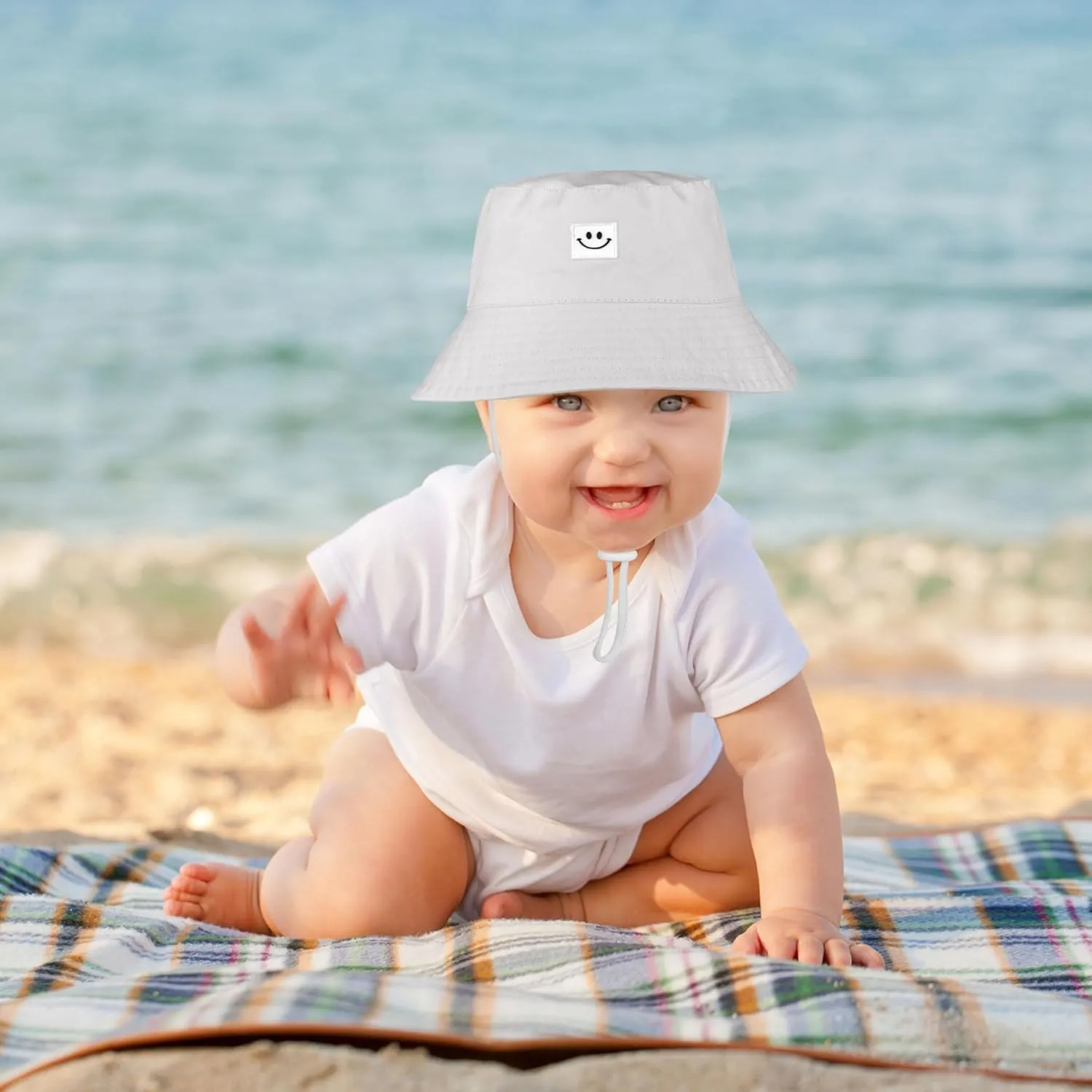 Cooraby 4 Pack Baby Sun Hat Breathable Smile Bucket Hat Toddler Sun Protective Bucket Hat Adjustable Cap for Baby Girl Boy