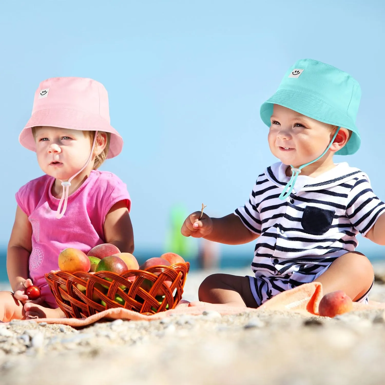 Cooraby 4 Pack Baby Sun Hat Breathable Smile Bucket Hat Toddler Sun Protective Bucket Hat Adjustable Cap for Baby Girl Boy