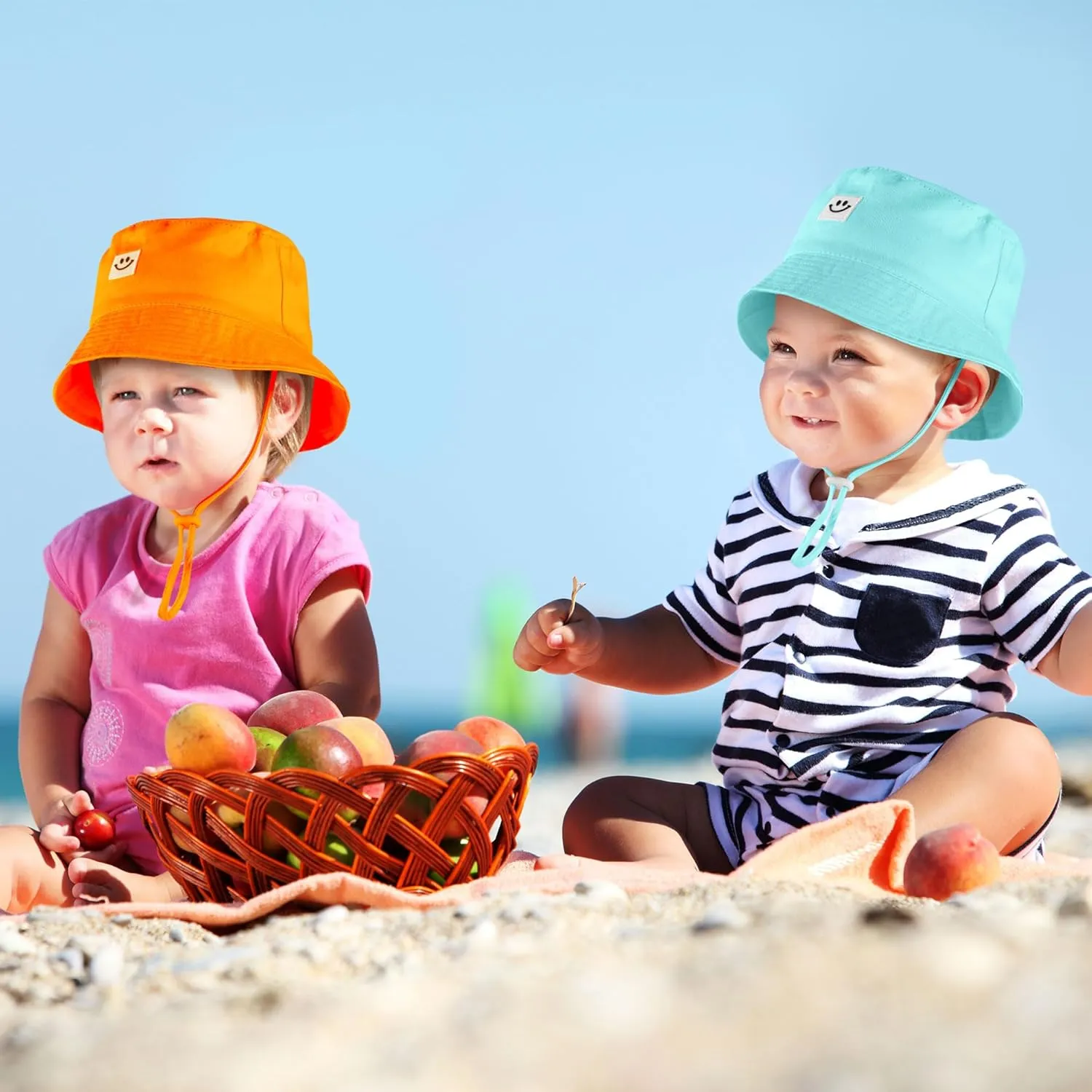 Cooraby 4 Pack Baby Sun Hat Breathable Smile Bucket Hat Toddler Sun Protective Bucket Hat Adjustable Cap for Baby Girl Boy