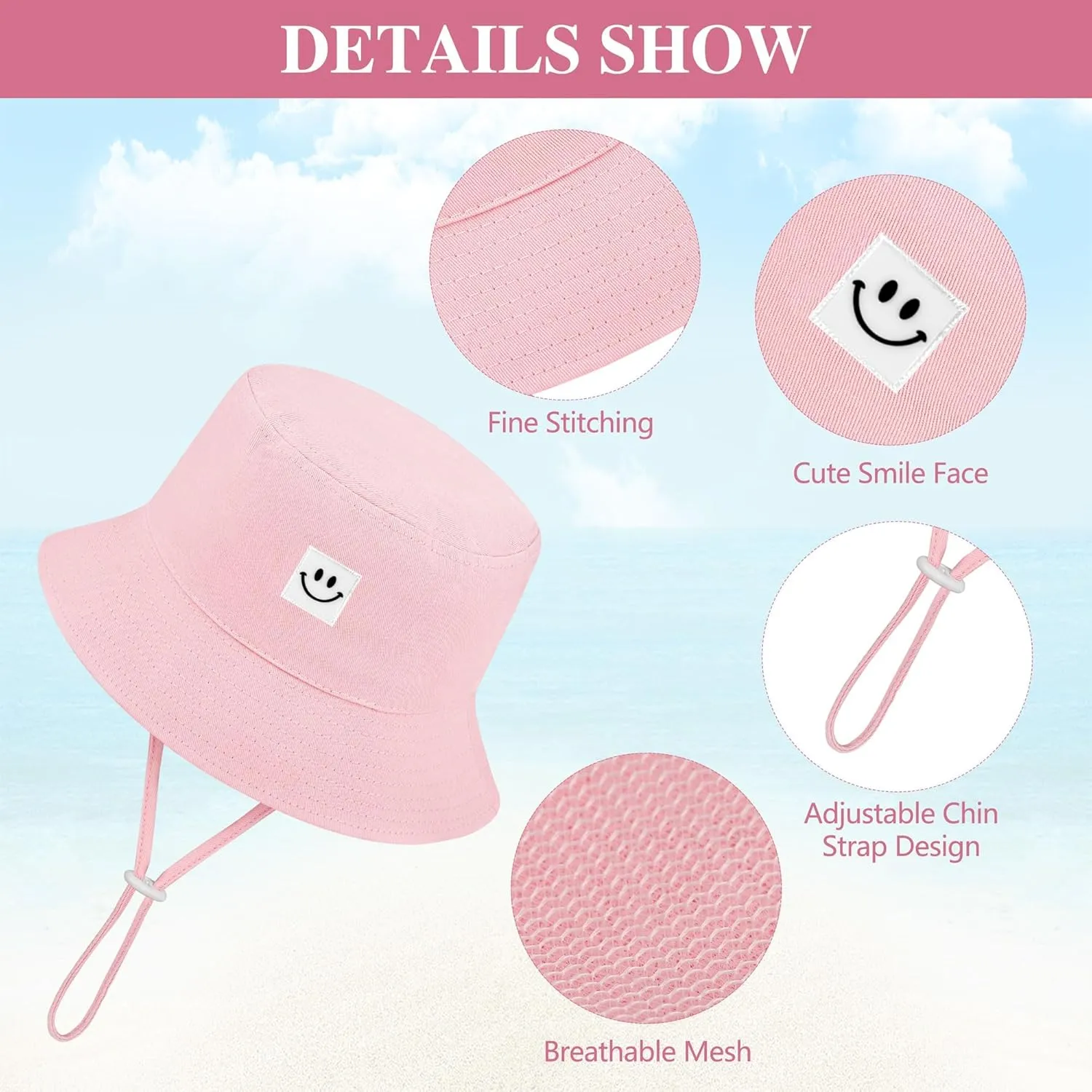 Cooraby 4 Pack Baby Sun Hat Breathable Smile Bucket Hat Toddler Sun Protective Bucket Hat Adjustable Cap for Baby Girl Boy