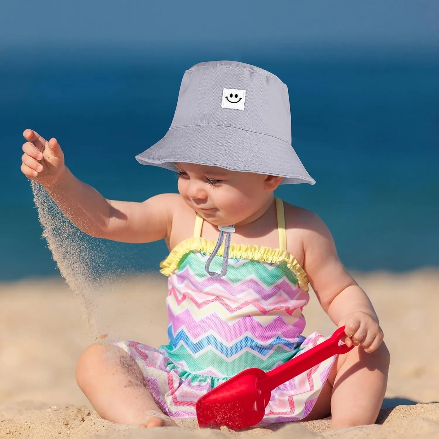 Cooraby 4 Pack Baby Sun Hat Breathable Smile Bucket Hat Toddler Sun Protective Bucket Hat Adjustable Cap for Baby Girl Boy