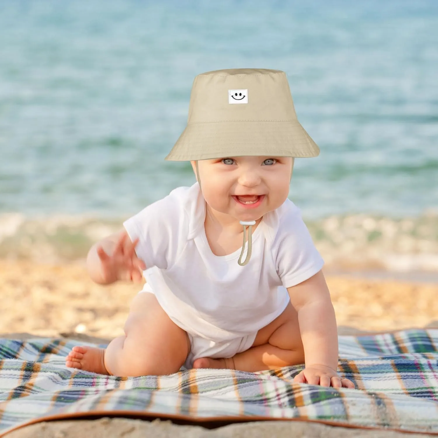 Cooraby 4 Pack Baby Sun Hat Breathable Smile Bucket Hat Toddler Sun Protective Bucket Hat Adjustable Cap for Baby Girl Boy