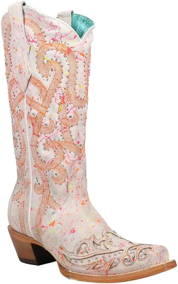 Corral Boots Womens Fluorescent Embroidered Tooled Inlay Studded Snip Toe Casual Boots Mid Calf Mid Heel 2-3" - White