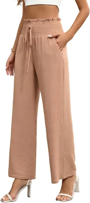 CORSKI Pants for Women Casual Wide Leg Pants Flowy High Waist Adjustable Tie Knot Loose Palazzo Trousers with Pockets