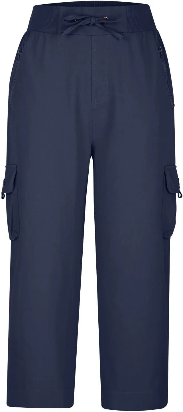 Cotton Capri Pants for Women High Waist Knee Length Cargo Pants Lightweight Trousers Summer Casual Cropped Pants