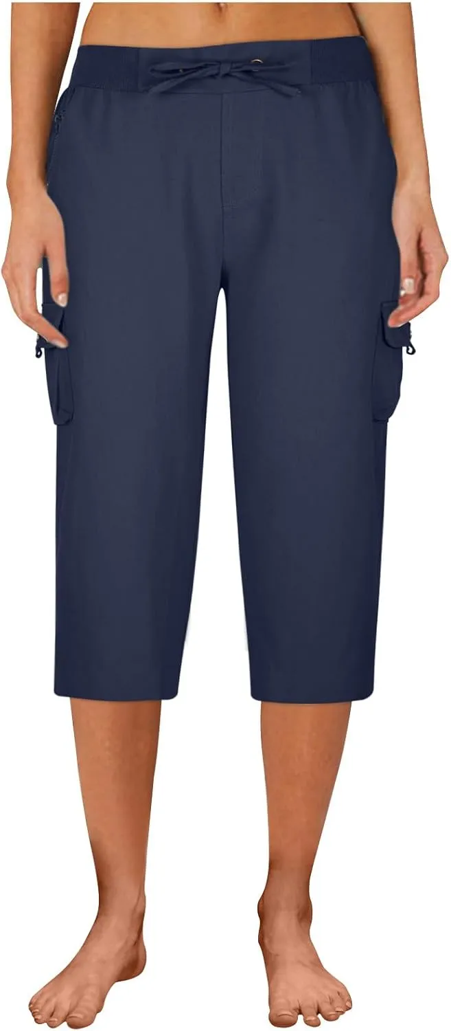 Cotton Capri Pants for Women High Waist Knee Length Cargo Pants Lightweight Trousers Summer Casual Cropped Pants