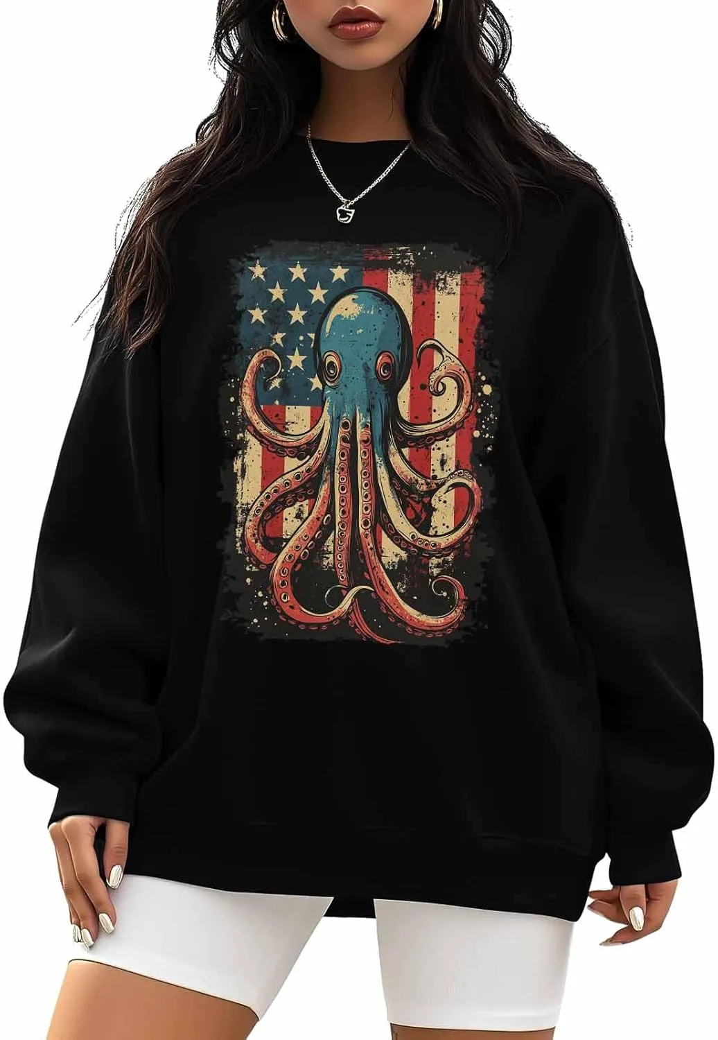 Crewneck Sweatshirts for Women, Retro Octopus Oversized Pullover Casual Long Sleeve Hoodie White