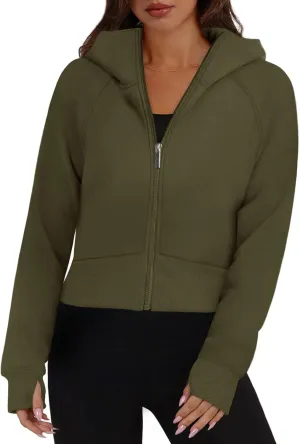 Cropped Zip Up Hoodie Women Oversized Sweatshirt with Thumb Holes 2024 Fall Outfits Y2k Fleece Jacket Winter Clothes