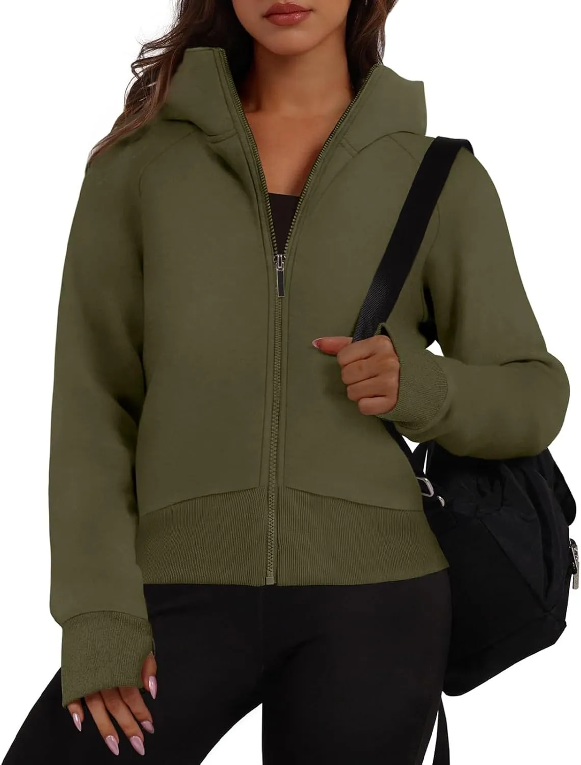 Cropped Zip Up Hoodie Women Oversized Sweatshirt with Thumb Holes 2024 Fall Outfits Y2k Fleece Jacket Winter Clothes